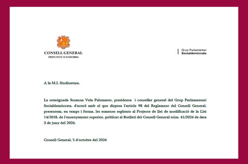 El Grup Parlamentari Socialdemòcrata proposa reforçar les garanties, la inclusió i l’autonomia del sistema universitari andorrà